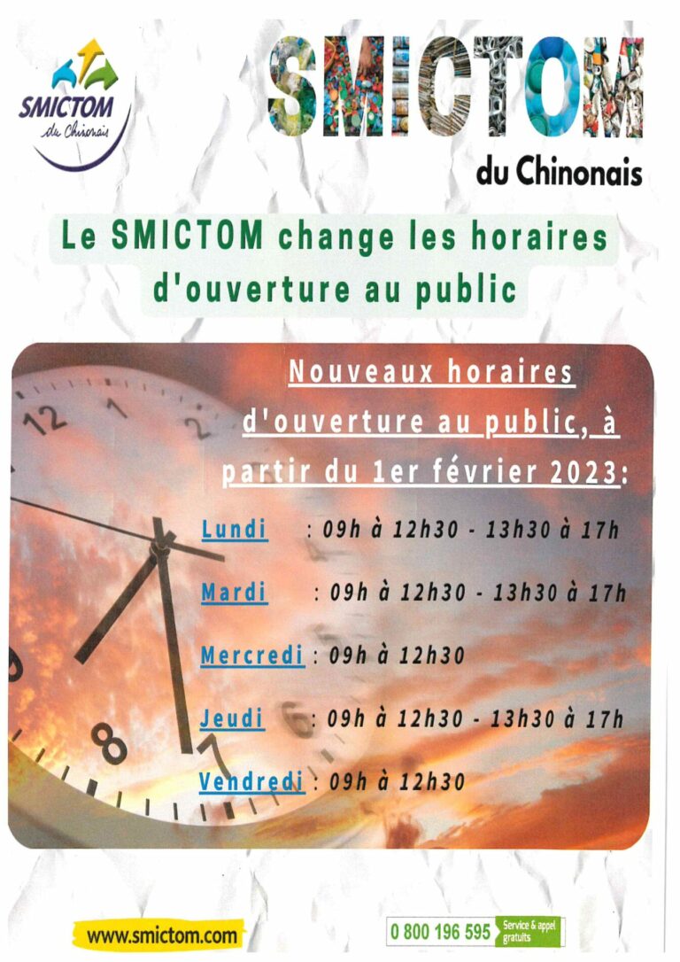 Lire la suite à propos de l’article SMICTOM – CHANGEMENT D’HORAIRES D’OUVERTURE AU PUBLIC